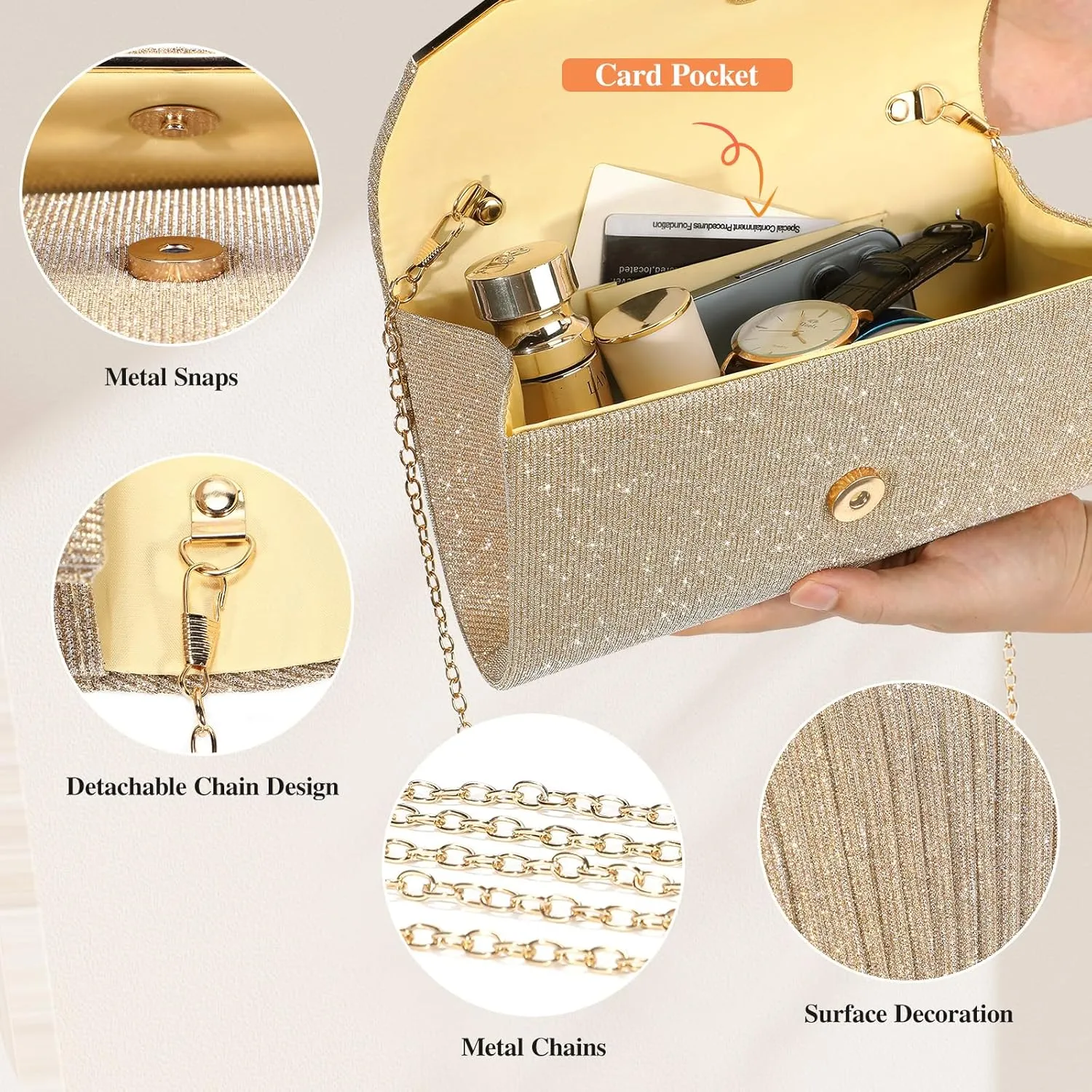 Ladies Pleated Evening Clutches Glitter Envelope Handbag Elegant Small Shoulder Bag for Wedding Party Prom Bridal