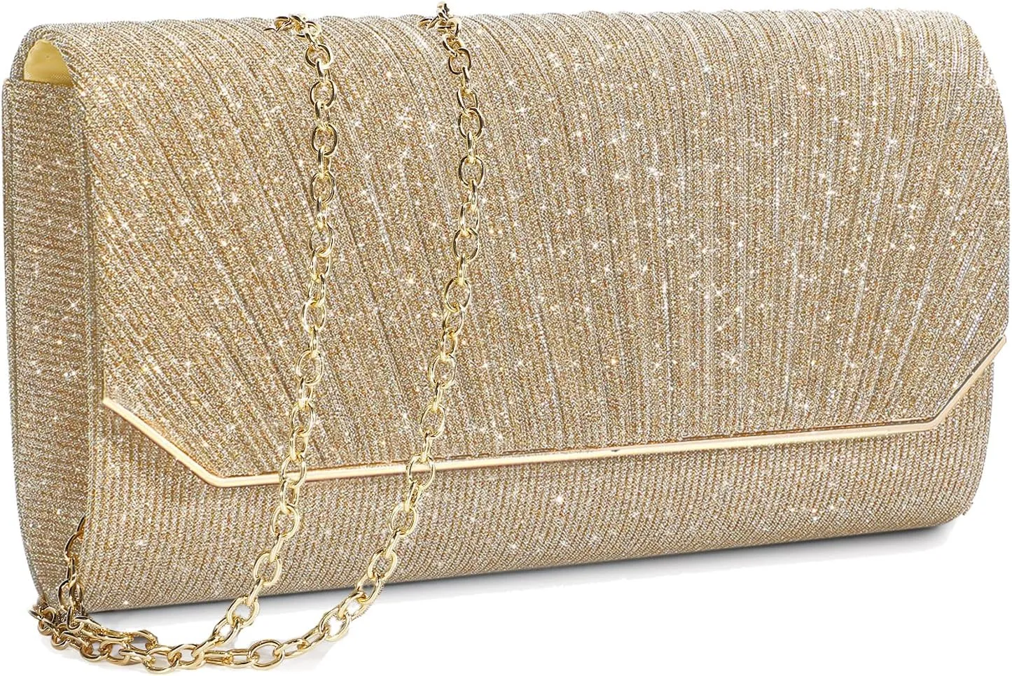 Ladies Pleated Evening Clutches Glitter Envelope Handbag Elegant Small Shoulder Bag for Wedding Party Prom Bridal