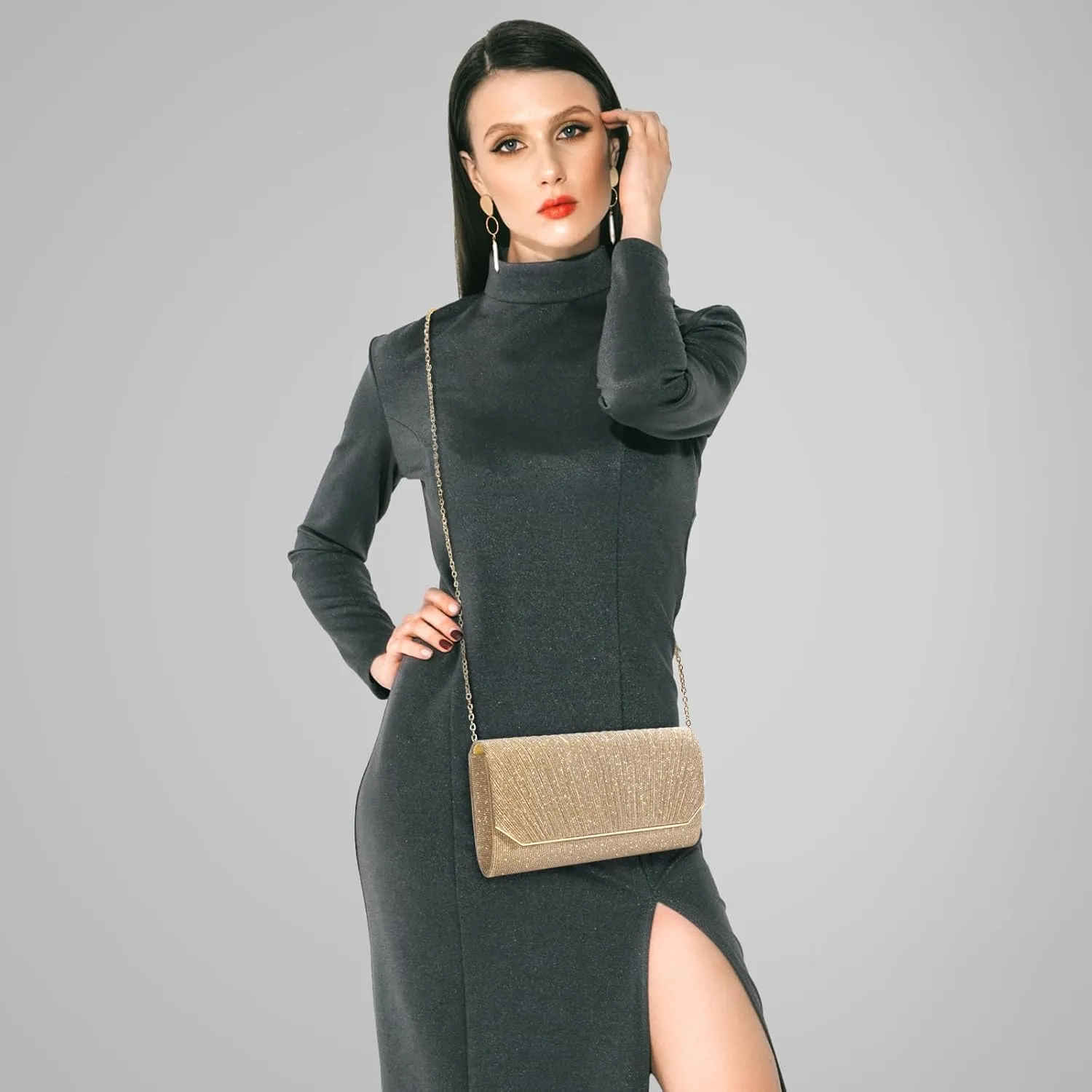 Ladies Pleated Evening Clutches Glitter Envelope Handbag Elegant Small Shoulder Bag for Wedding Party Prom Bridal