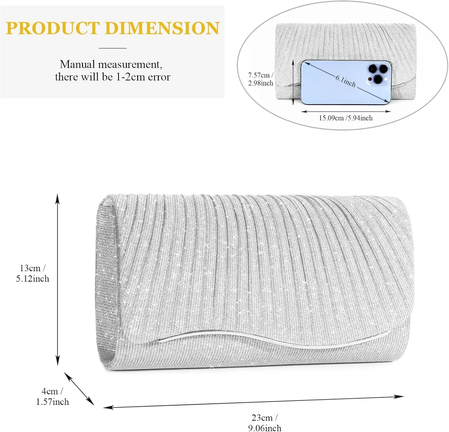Ladies Pleated Evening Clutches Glitter Envelope Handbag Elegant Small Shoulder Bag for Wedding Party Prom Bridal
