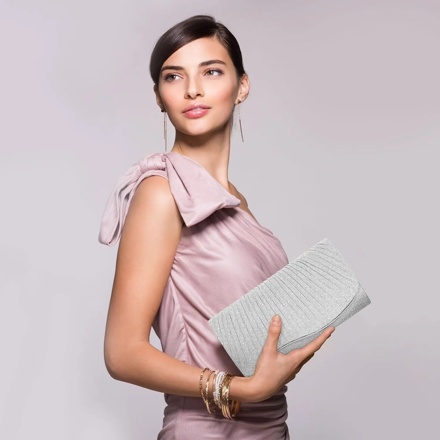Ladies Pleated Evening Clutches Glitter Envelope Handbag Elegant Small Shoulder Bag for Wedding Party Prom Bridal