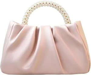 LAKSMI Women Pearl Evening Clutch Bags Soft Leather Ruched Handbags Crossbody Purses for Wedding Party Prom