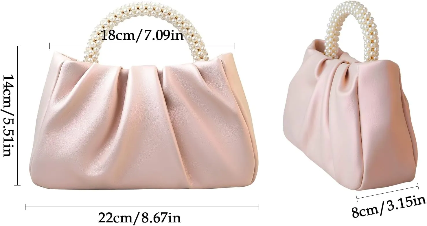 LAKSMI Women Pearl Evening Clutch Bags Soft Leather Ruched Handbags Crossbody Purses for Wedding Party Prom