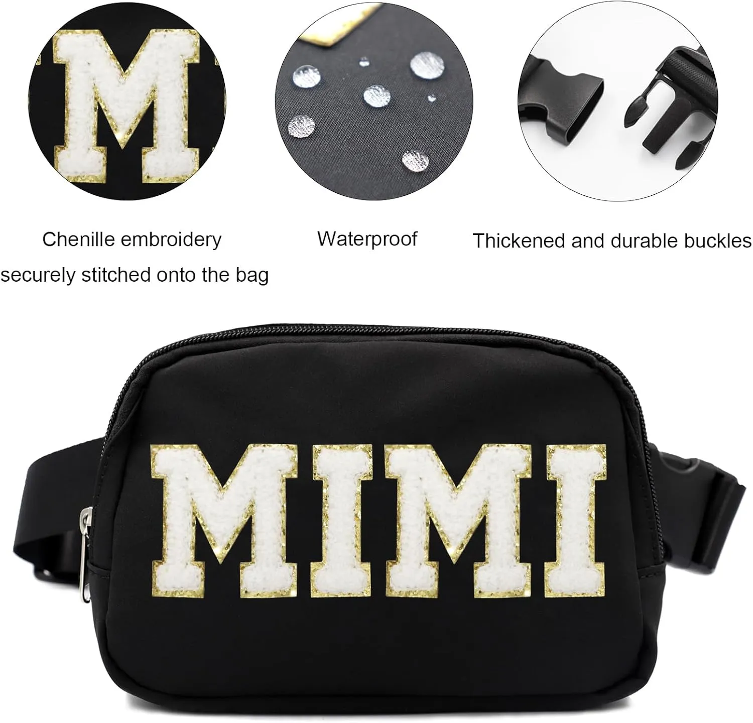 Lamyba Mothers Day Gifts for Mimi Waterproof Adjustable Fanny Pack MIMI Gifts for Grandma Crossbody Waist Bag Black