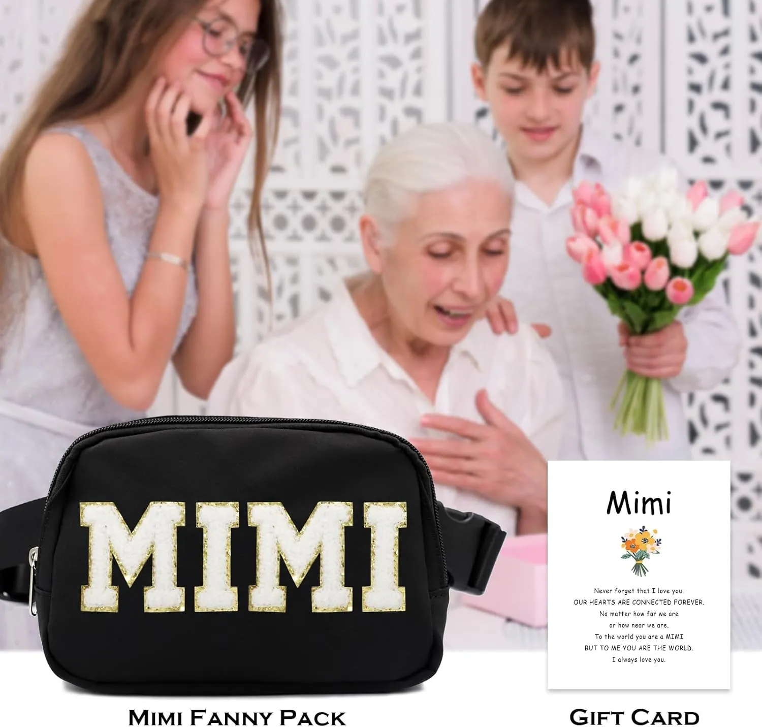 Lamyba Mothers Day Gifts for Mimi Waterproof Adjustable Fanny Pack MIMI Gifts for Grandma Crossbody Waist Bag Black