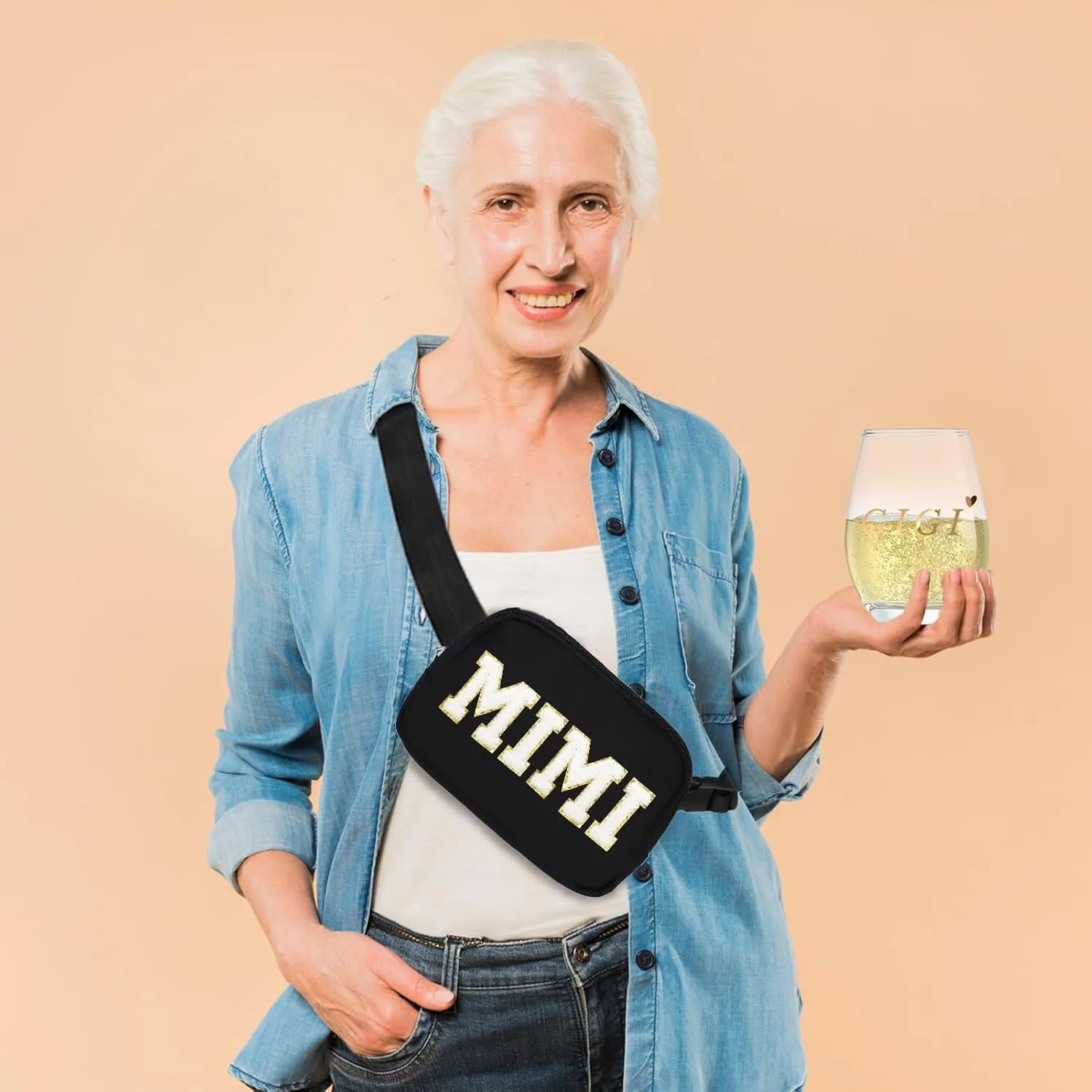 Lamyba Mothers Day Gifts for Mimi Waterproof Adjustable Fanny Pack MIMI Gifts for Grandma Crossbody Waist Bag Black
