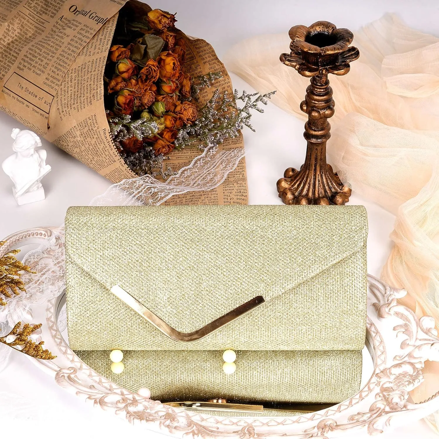 Larcenciel Clutch Purses for Women, Shiny Sequin Envelope Clutch Evening Bag with Chain, Fashion Sparkly Party Prom Purse