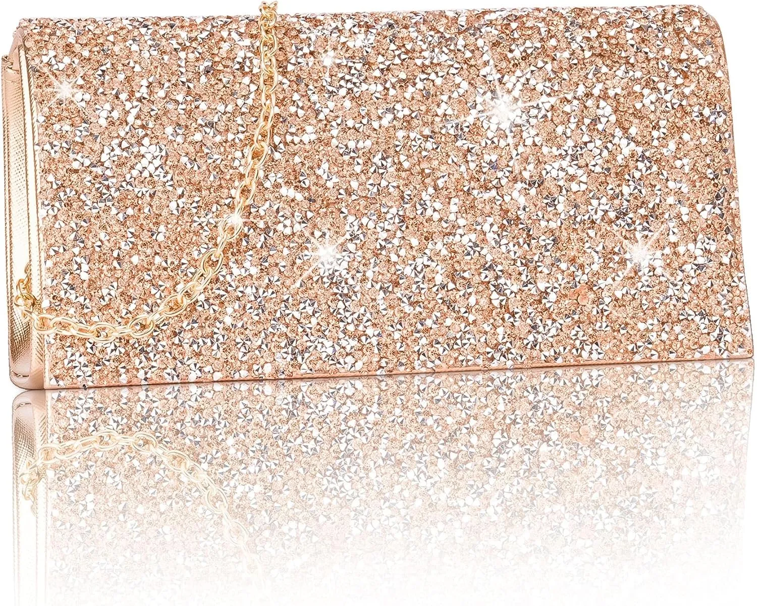 Larcenciel Women's Evening Handbags, Bling Rhinestone Purse w/Chain, Stunning Rose Gold Envelope Clutch Bag, Formal Shoulder Crossbody Bag for Prom, Bachelor Party, Wedding Cocktail Date,7.9x3.9x1.8in