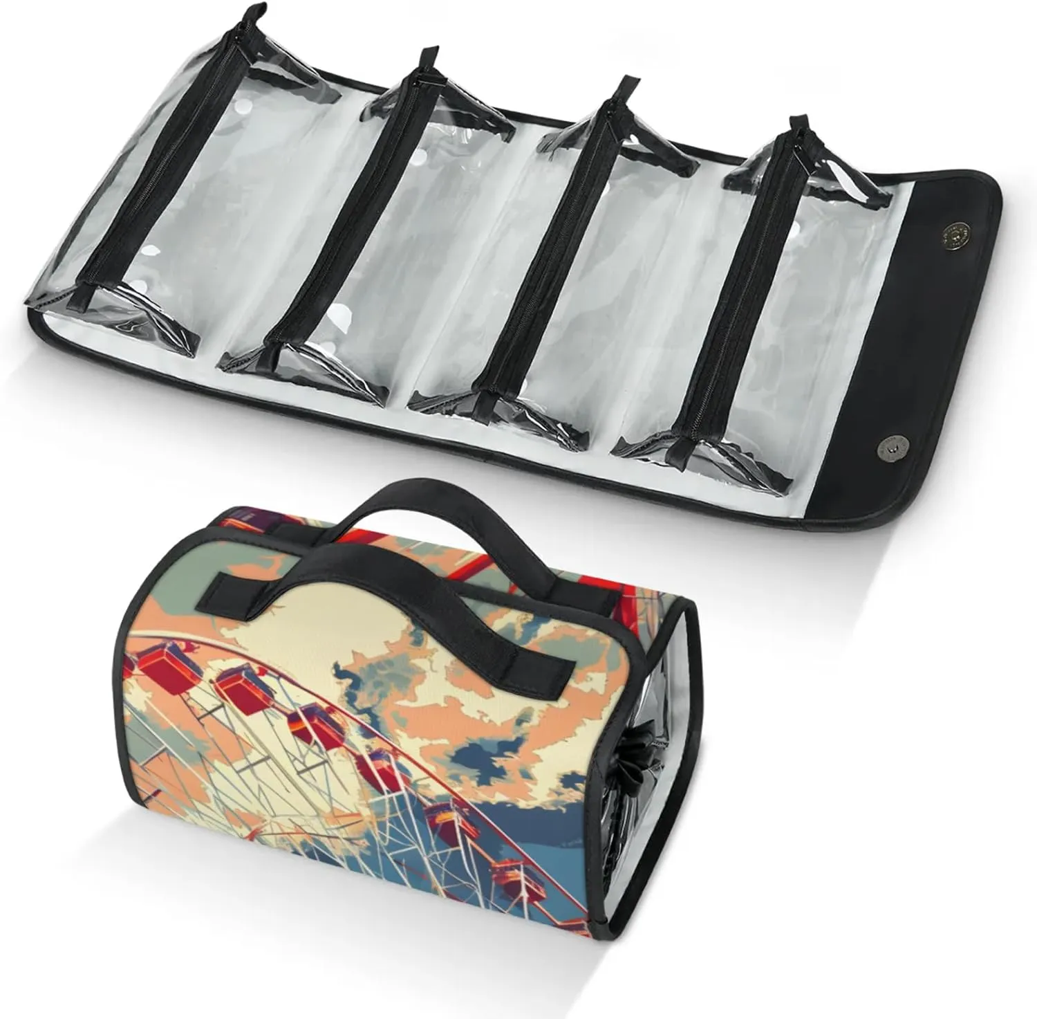 Large Capacity 4-in-1 Hanging Travel Toiletry Bag Storage Organizer With 4 Detachable Removable Zipper Clear Pouches Red Ferris Wheel
