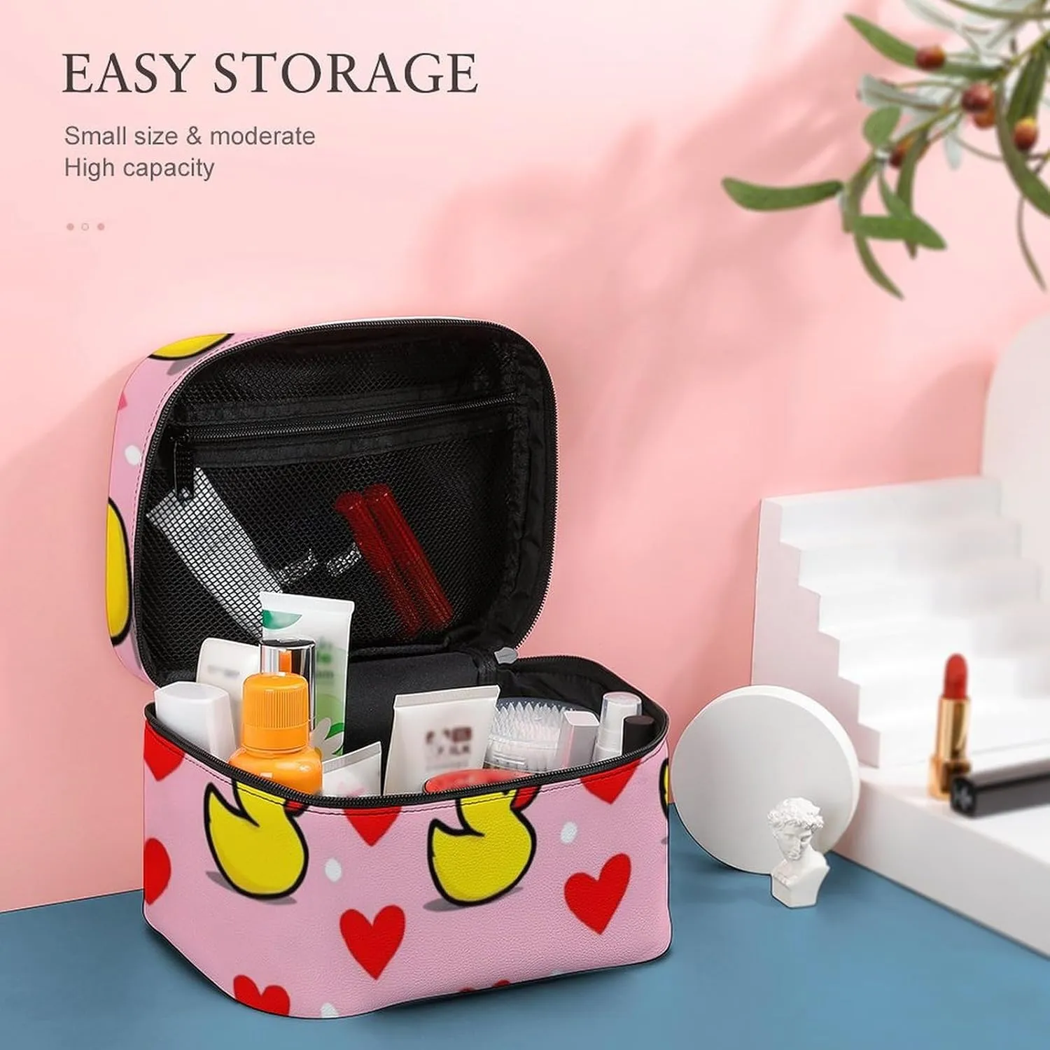 Large Capacity Makeup Bag for Women, Multifunctional Portable Cosmetic Case Pink Heart Polka Dots Yellow Rubber Ducks Toiletry Organizer Bag Travel Accessories