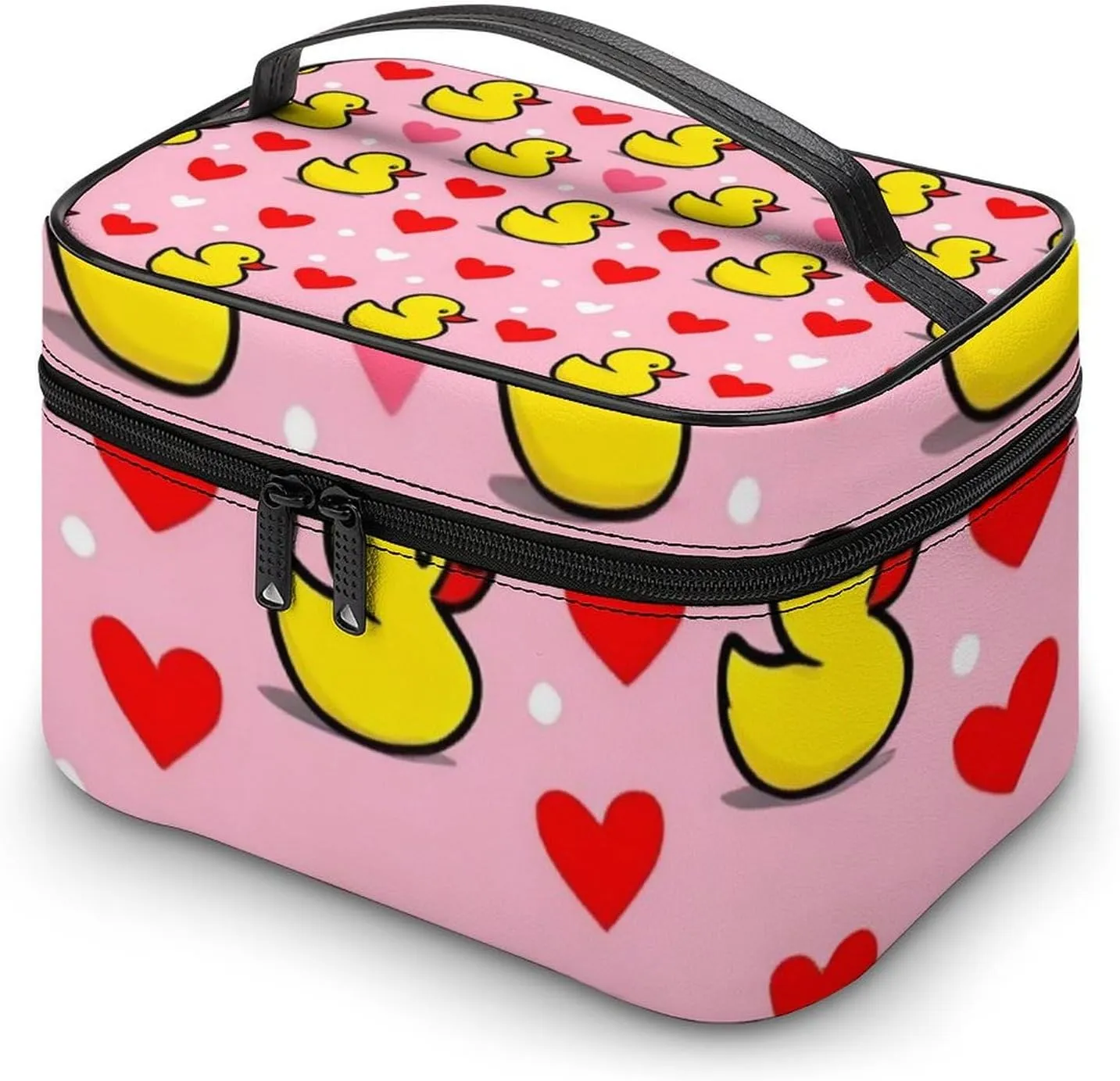 Large Capacity Makeup Bag for Women, Multifunctional Portable Cosmetic Case Pink Heart Polka Dots Yellow Rubber Ducks Toiletry Organizer Bag Travel Accessories