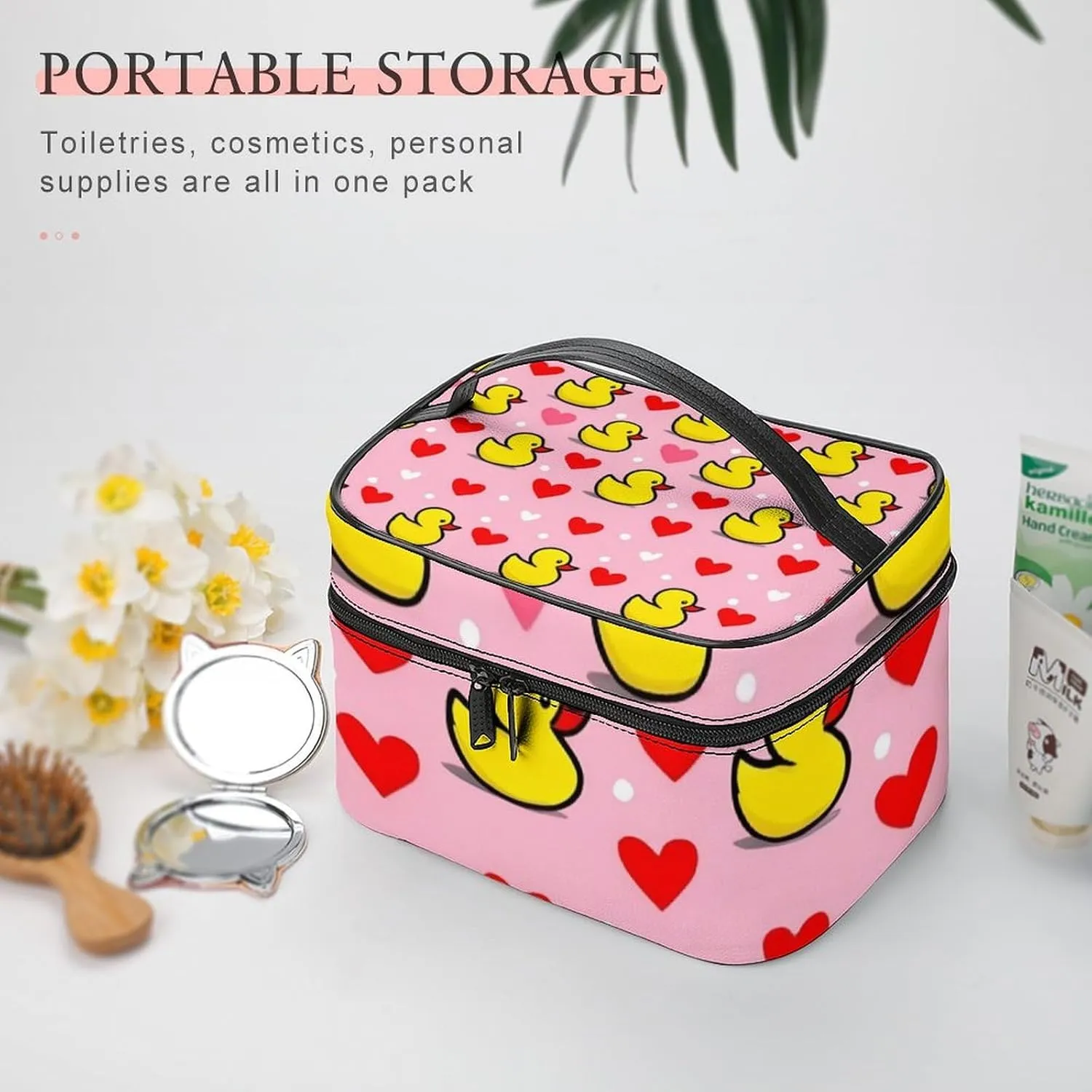 Large Capacity Makeup Bag for Women, Multifunctional Portable Cosmetic Case Pink Heart Polka Dots Yellow Rubber Ducks Toiletry Organizer Bag Travel Accessories