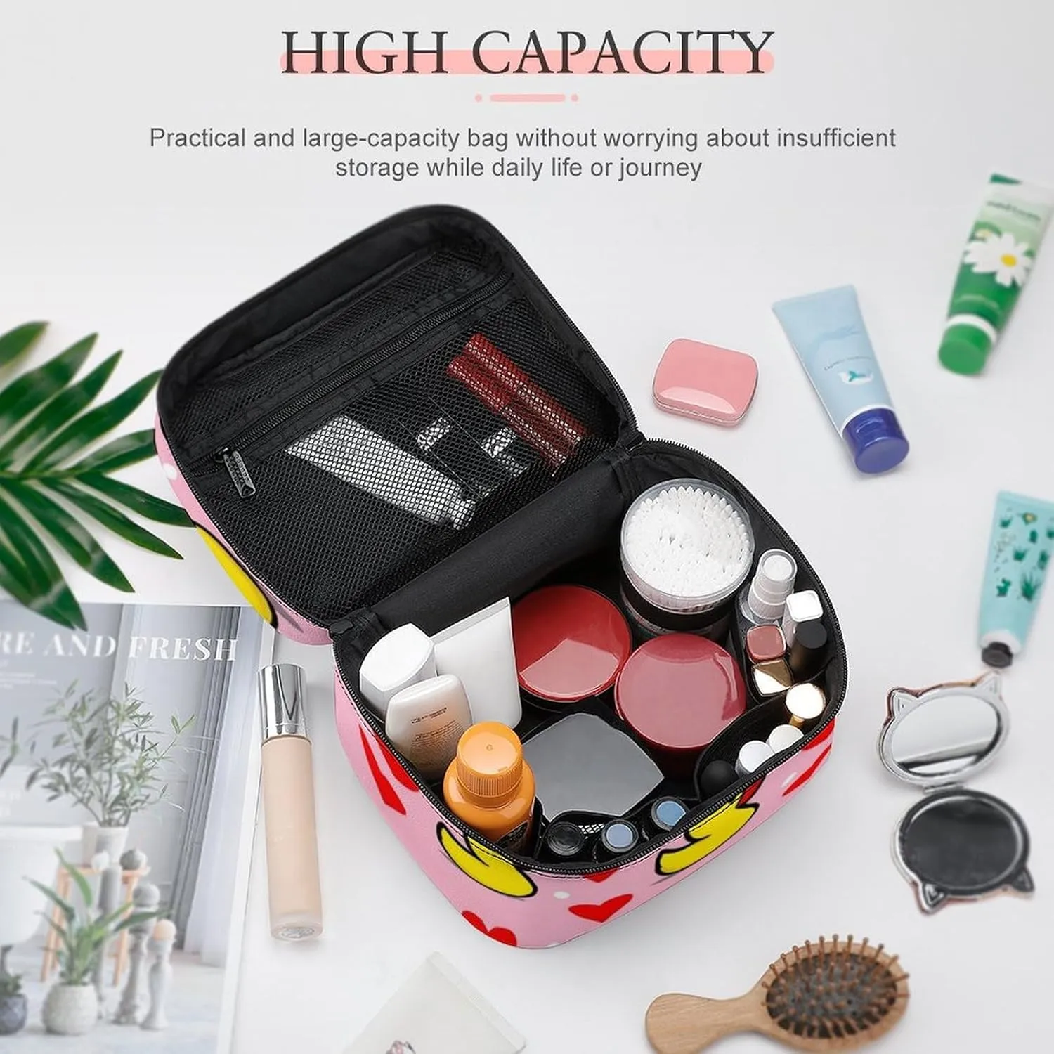Large Capacity Makeup Bag for Women, Multifunctional Portable Cosmetic Case Pink Heart Polka Dots Yellow Rubber Ducks Toiletry Organizer Bag Travel Accessories