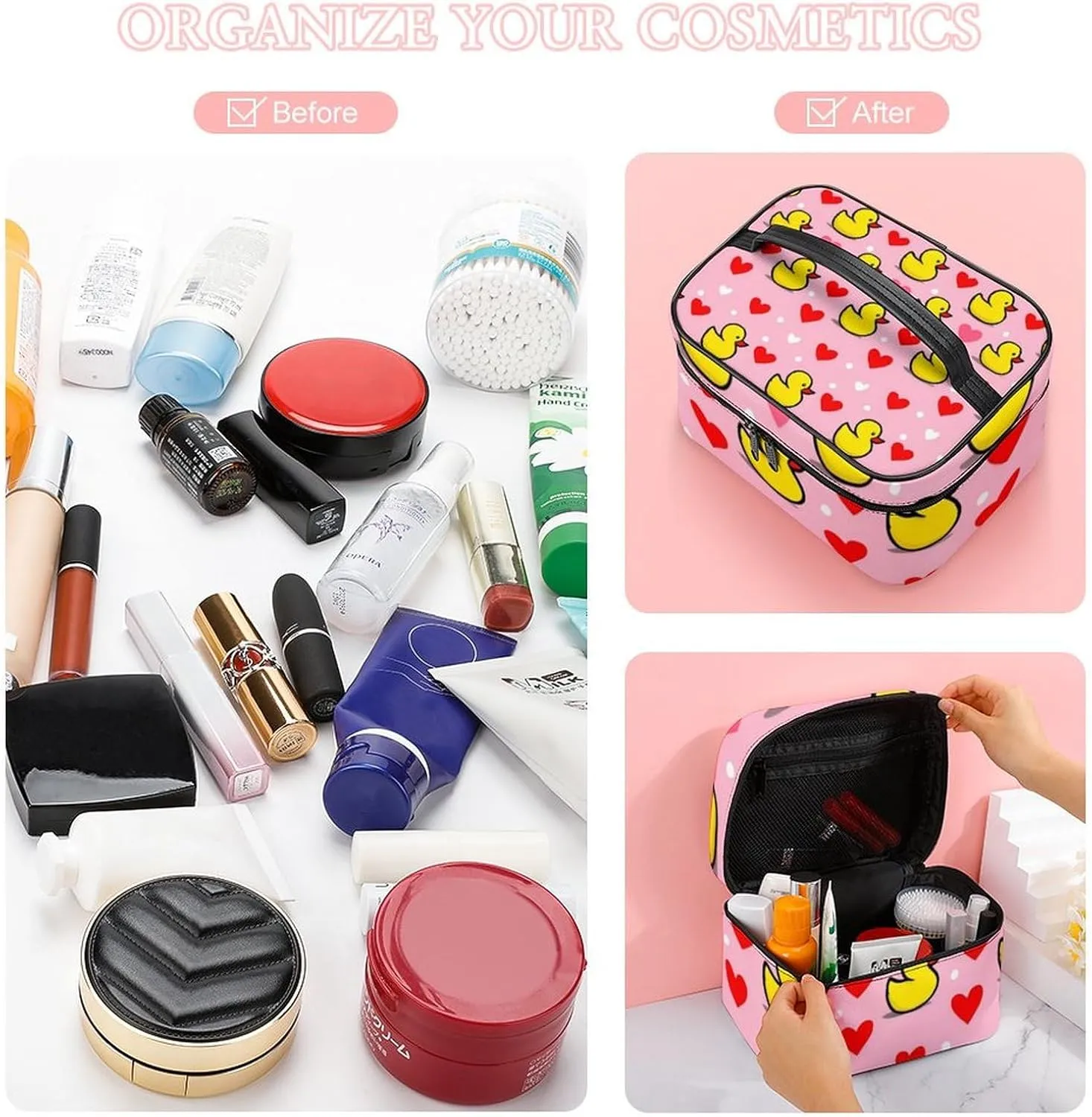 Large Capacity Makeup Bag for Women, Multifunctional Portable Cosmetic Case Pink Heart Polka Dots Yellow Rubber Ducks Toiletry Organizer Bag Travel Accessories