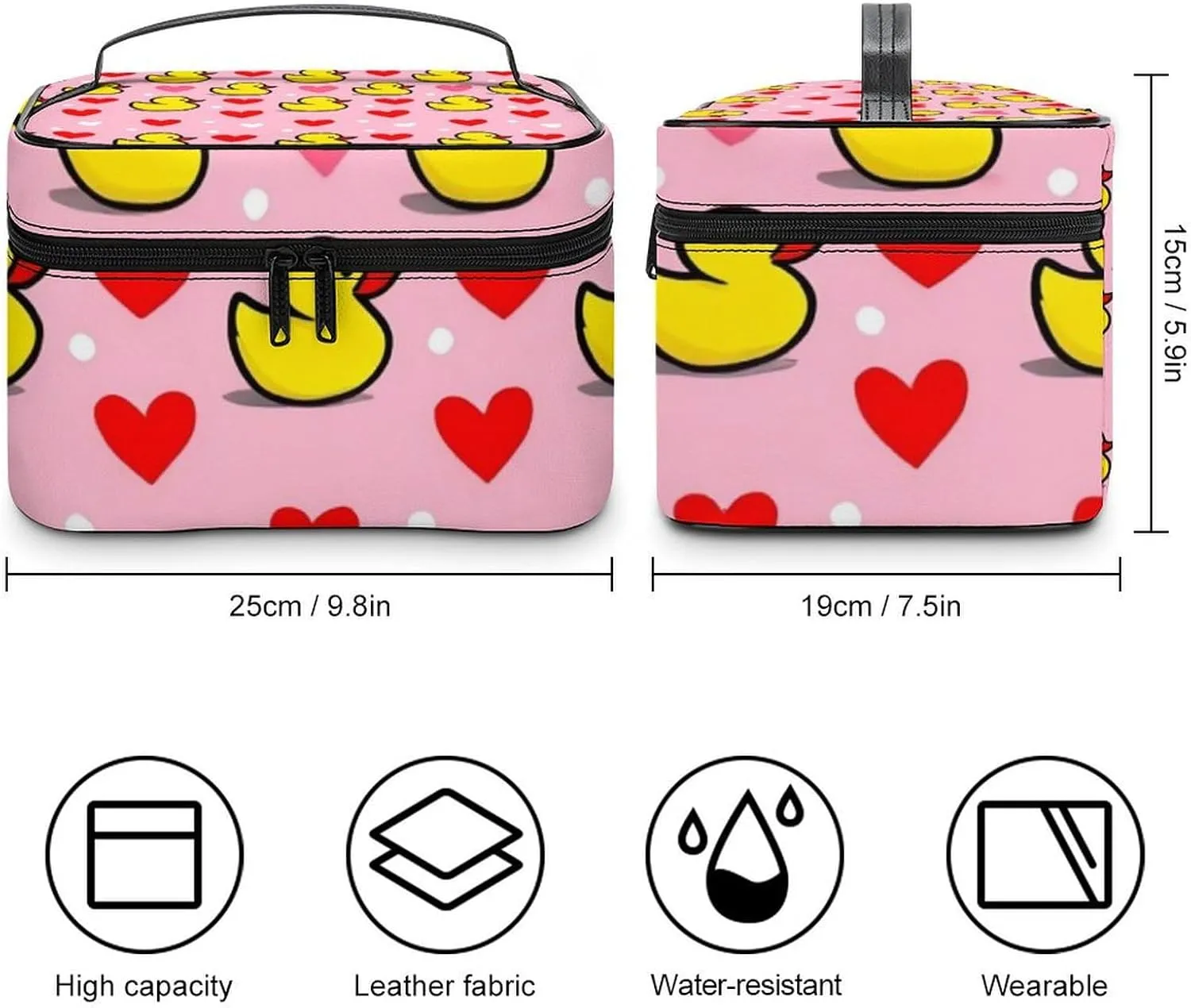 Large Capacity Makeup Bag for Women, Multifunctional Portable Cosmetic Case Pink Heart Polka Dots Yellow Rubber Ducks Toiletry Organizer Bag Travel Accessories