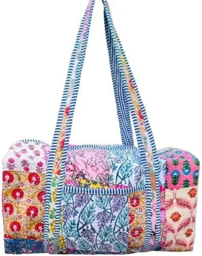 Large Cotton Weekender Travel Bag, Handmade Quilted Fabric Duffle Bag, Block Printed Overnight Bags, Hand Luggage Bag, Bags for Women Pink Bags (Color-3, 20X10X10" Inch)
