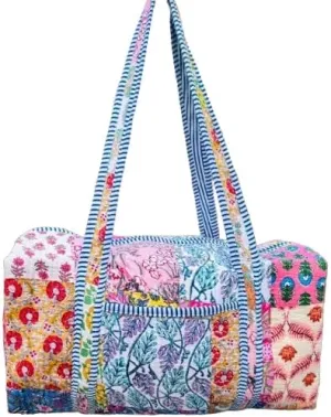 Large Cotton Weekender Travel Bag, Handmade Quilted Fabric Duffle Bag, Block Printed Overnight Bags, Hand Luggage Bag, Bags for Women Pink Bags (Color-3, 20X10X10" Inch)