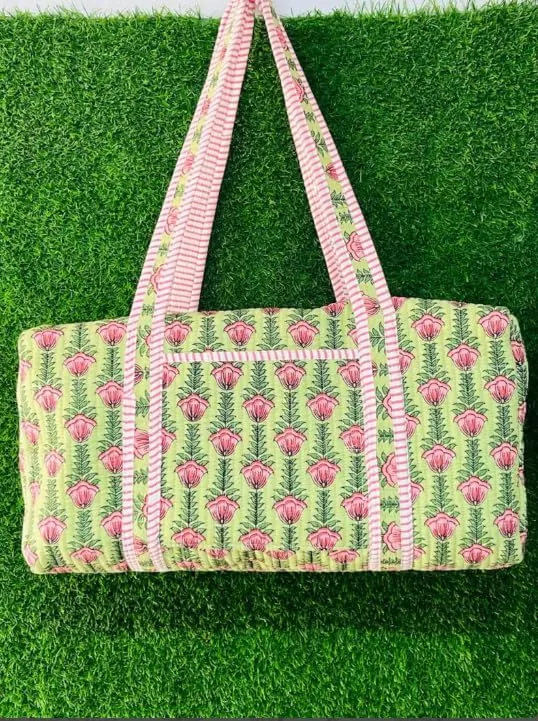 Large Cotton Weekender Travel Bag, Handmade Quilted Fabric Duffle Bag, Block Printed Overnight Bags, Hand Luggage Bags for Women (color-5, 24x12x12 inch)