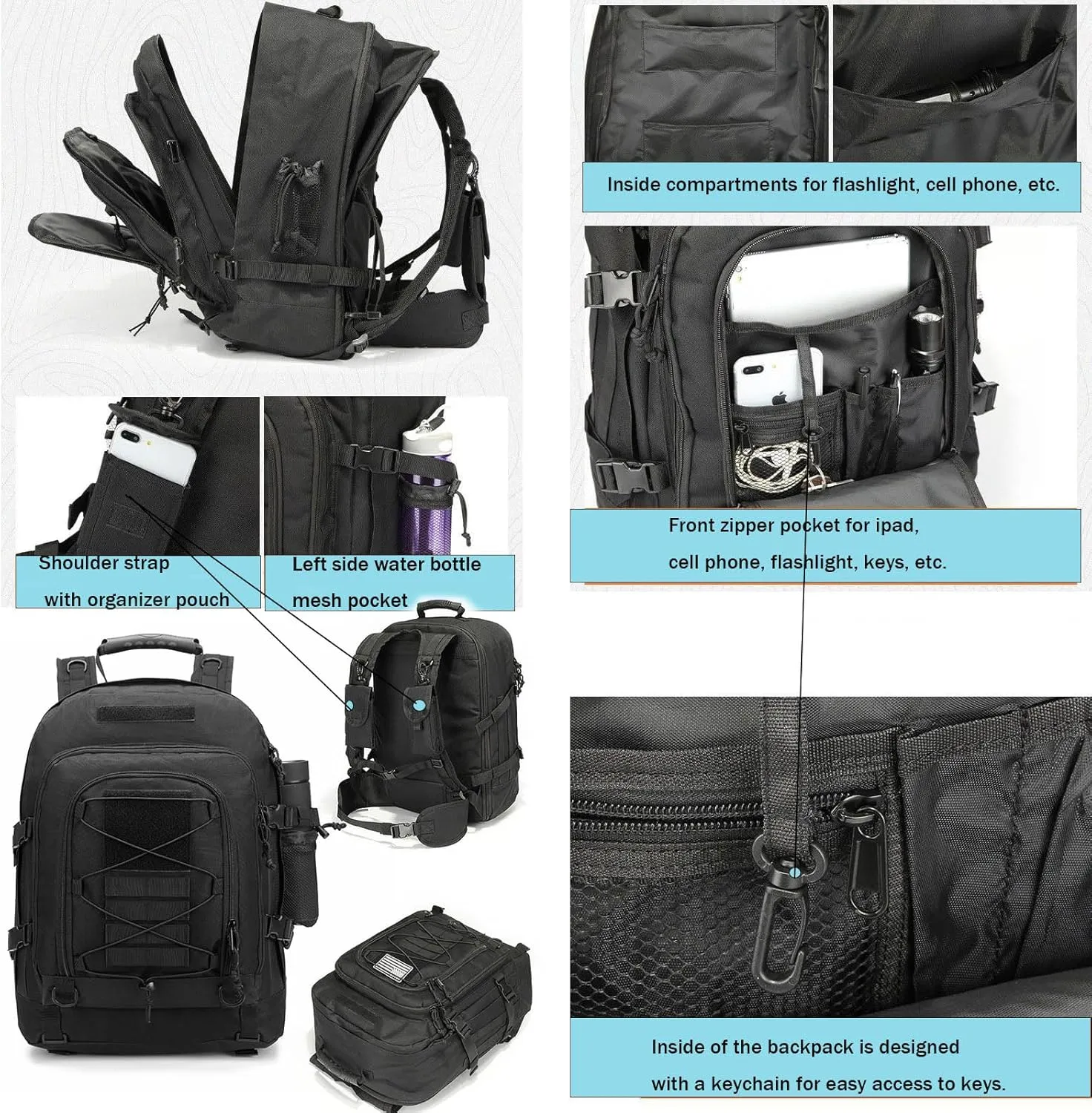 Large tactical military backpack Army Daypack Assault Pack for Men Molle Backpacks Bug Out Bag 3 Day Pack for Hiking Camping Travel Hunting (Black Camo)
