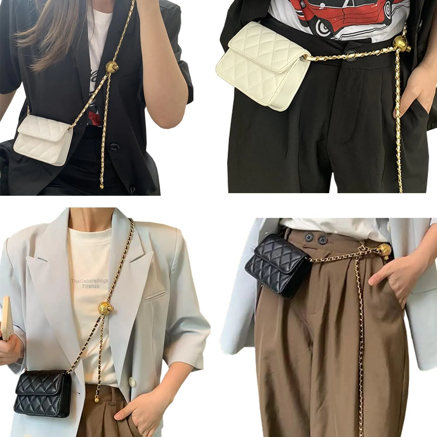 Larswon Chain Belt Bag for Women, Synthetic Leather Belt Purse Chain Purse Mini Belt Bag Goth Fanny Pack