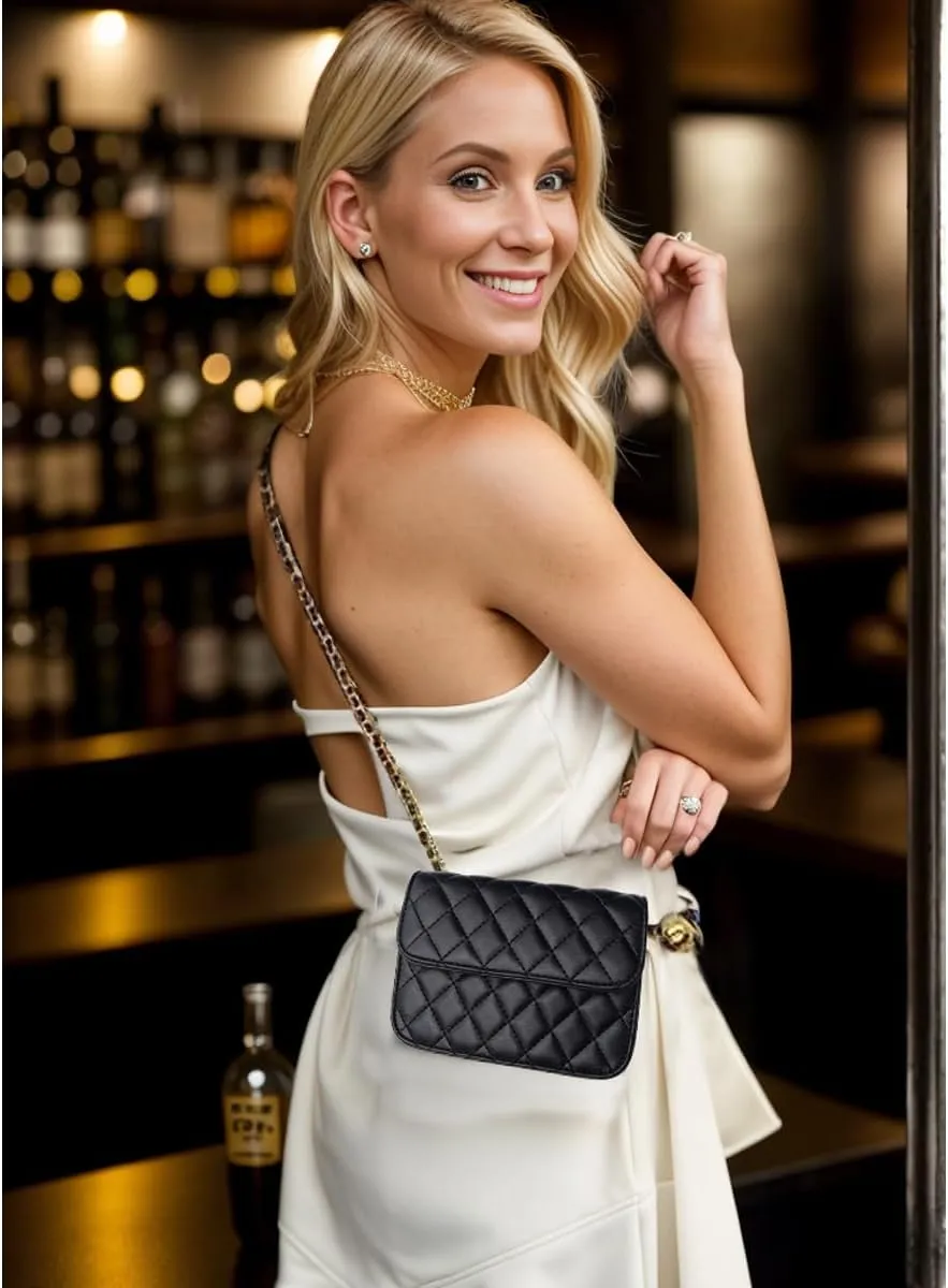 Larswon Chain Belt Bag for Women, Synthetic Leather Belt Purse Chain Purse Mini Belt Bag Goth Fanny Pack