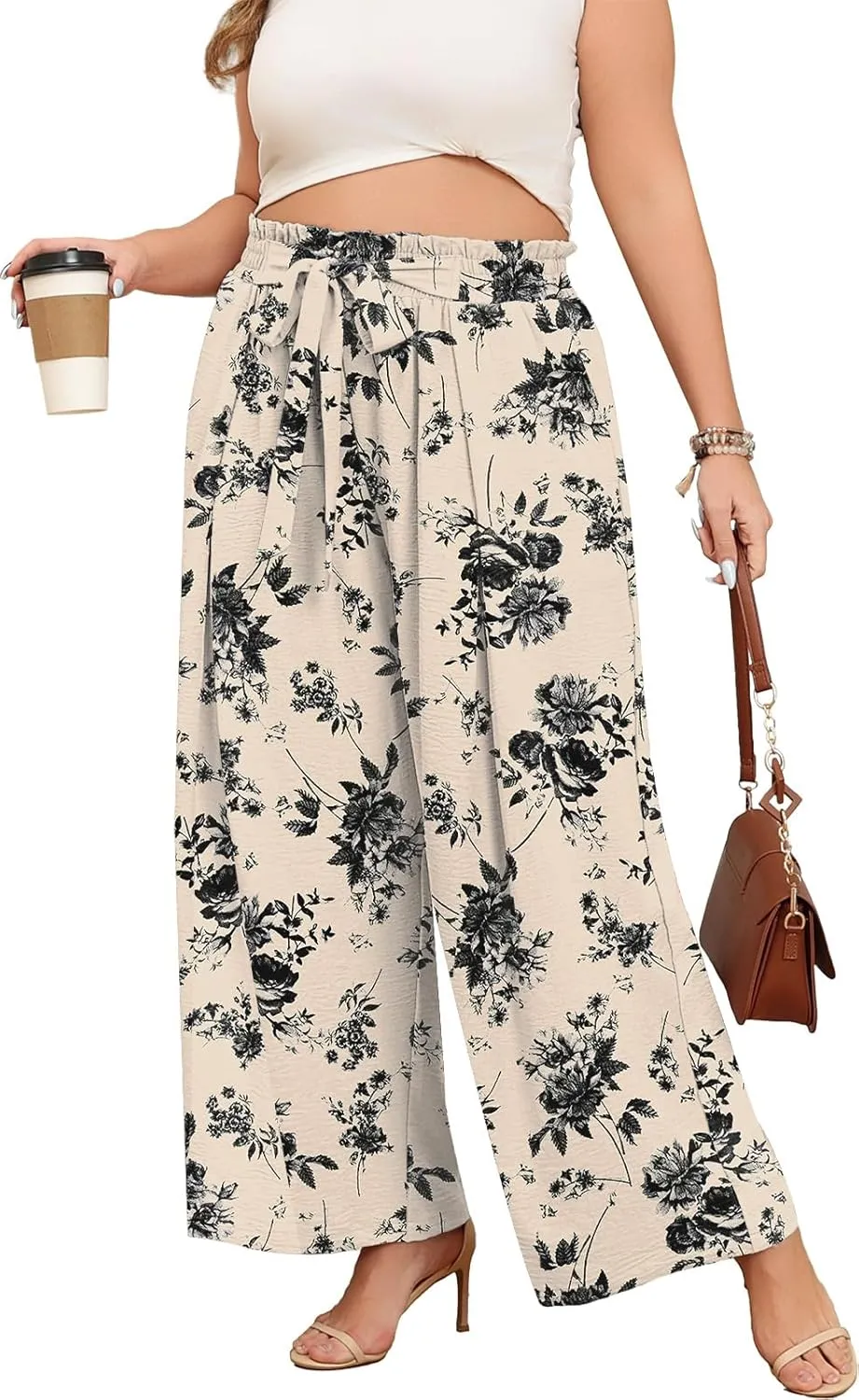 Lastshe Women's Plus Size Pants Wide Leg Work Casual Palazzo Pants Elastic High Waisted Dressy Trousers with Pockets