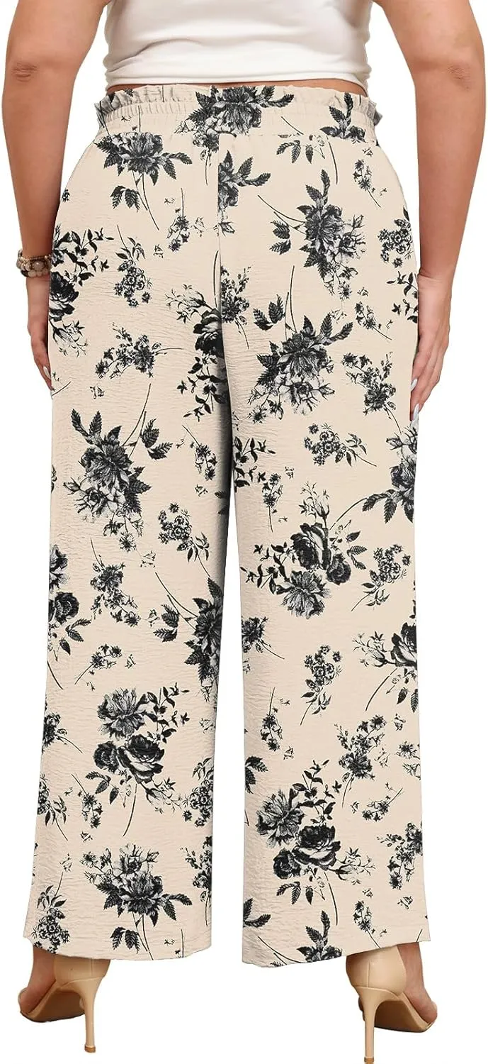 Lastshe Women's Plus Size Pants Wide Leg Work Casual Palazzo Pants Elastic High Waisted Dressy Trousers with Pockets