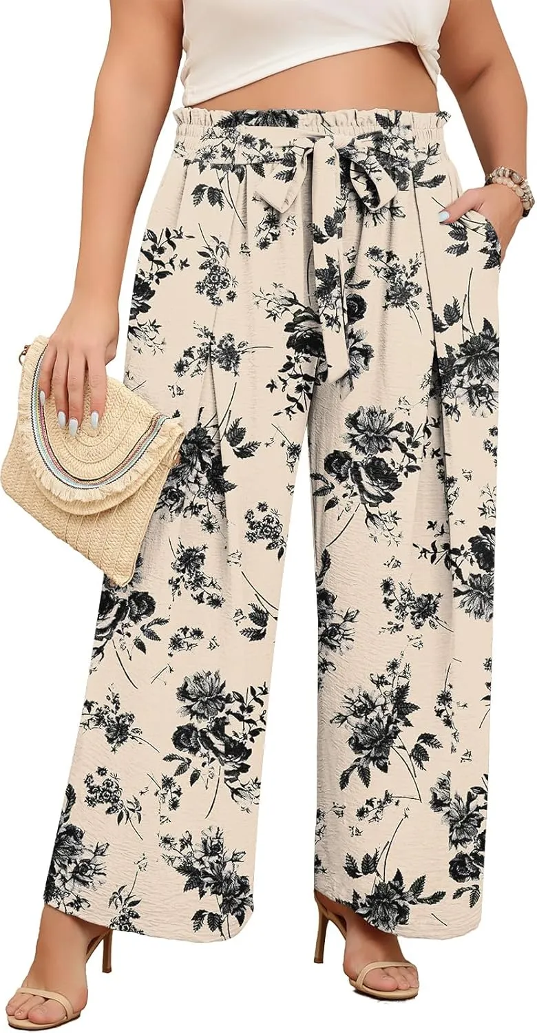 Lastshe Women's Plus Size Pants Wide Leg Work Casual Palazzo Pants Elastic High Waisted Dressy Trousers with Pockets