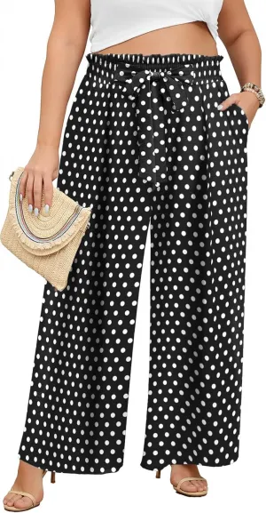 Lastshe Women's Plus Size Pants Wide Leg Work Casual Palazzo Pants Elastic High Waisted Dressy Trousers with Pockets