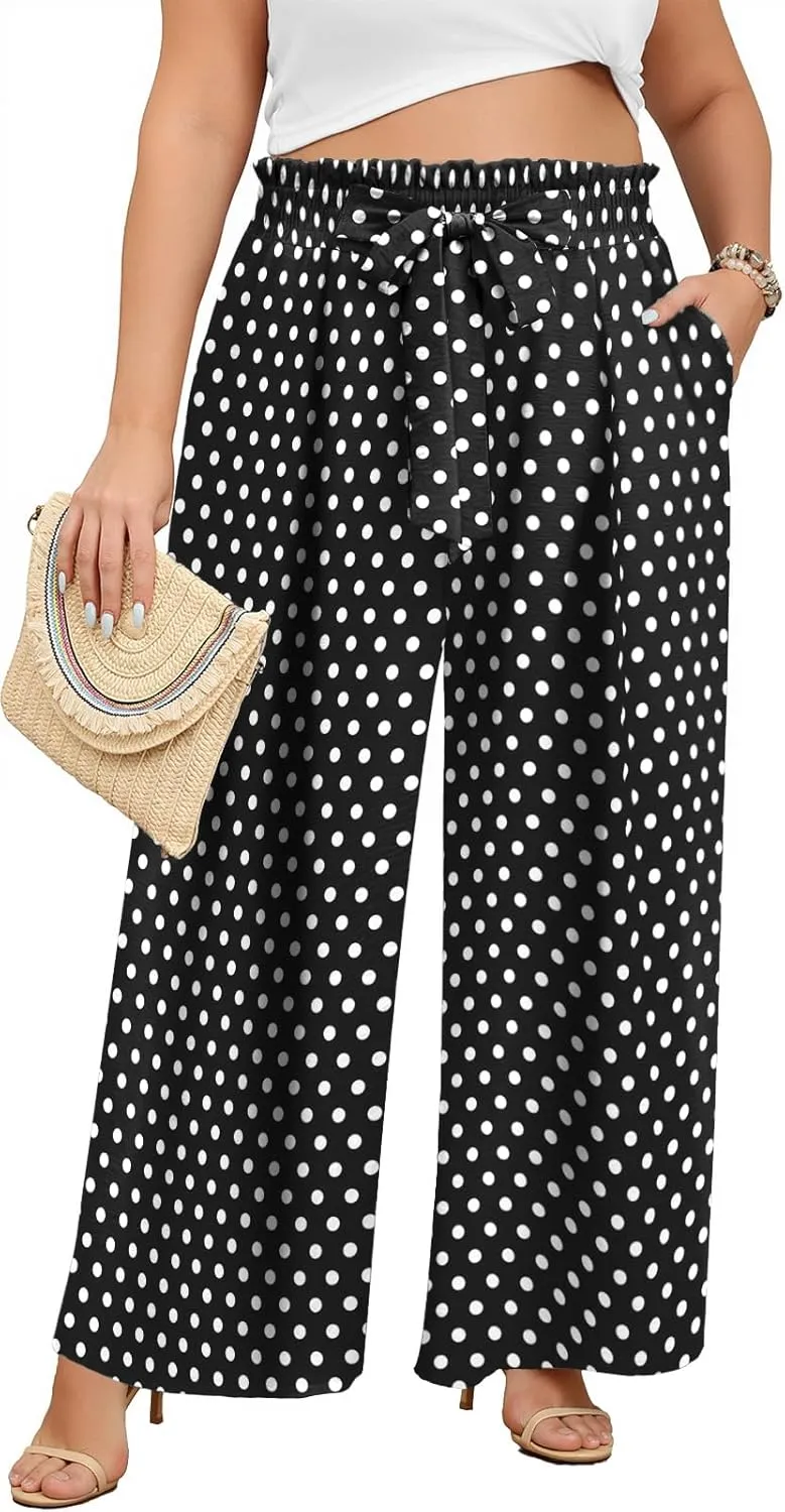 Lastshe Women's Plus Size Pants Wide Leg Work Casual Palazzo Pants Elastic High Waisted Dressy Trousers with Pockets
