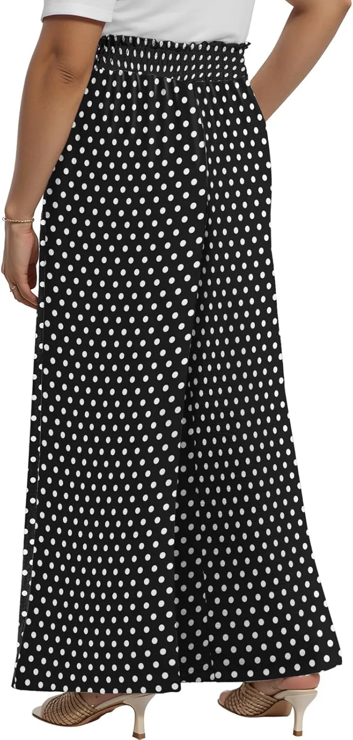 Lastshe Women's Plus Size Pants Wide Leg Work Casual Palazzo Pants Elastic High Waisted Dressy Trousers with Pockets