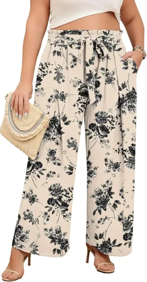 Lastshe Women's Plus Size Pants Wide Leg Work Casual Palazzo Pants Elastic High Waisted Dressy Trousers with Pockets