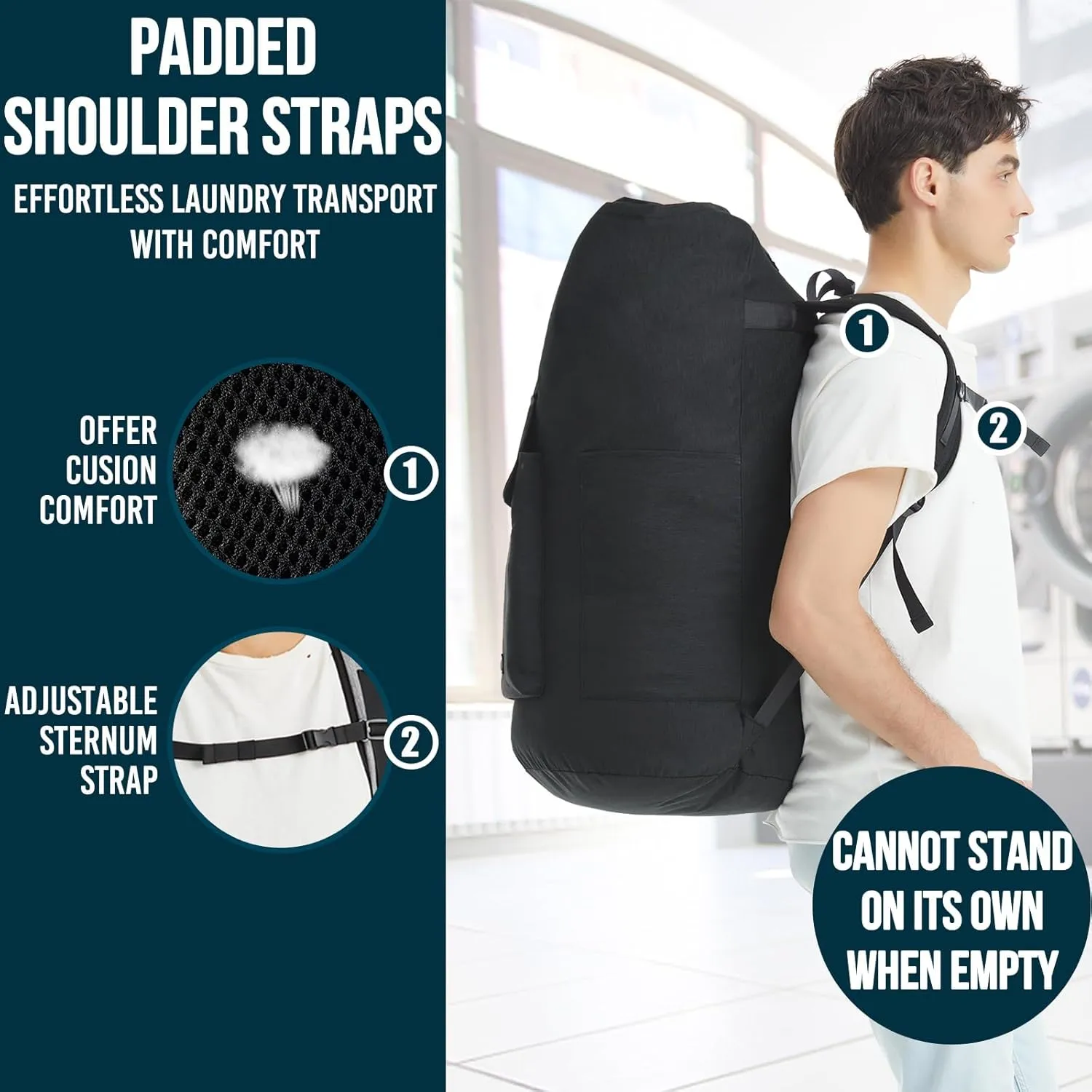 Laundry Bag Extra Large 115L, Laundry Backpack Bag, Laundry Bags Extra Large Heavy Duty, Laundry Bag with Straps, Clothes Hamper Bags with 4 Pockets, College Laundromat Backpack for Dorm Room