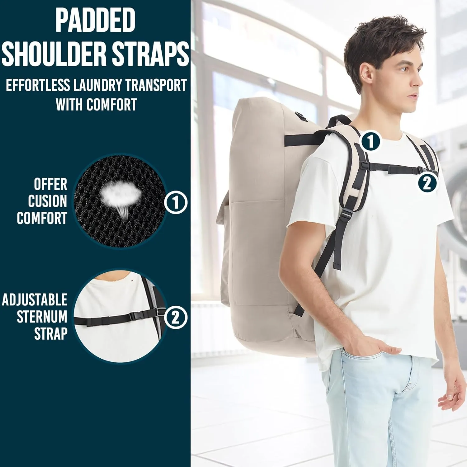 Laundry Bag With 4 Pockets，Laundry Bag With Shoulder Straps，Sturdy Laundry Backpack Heavy Duty，Large Clothes Hamper Bags 115L，College Laundry Backpack For Dorm Room，Travel Laundry Bags XXL