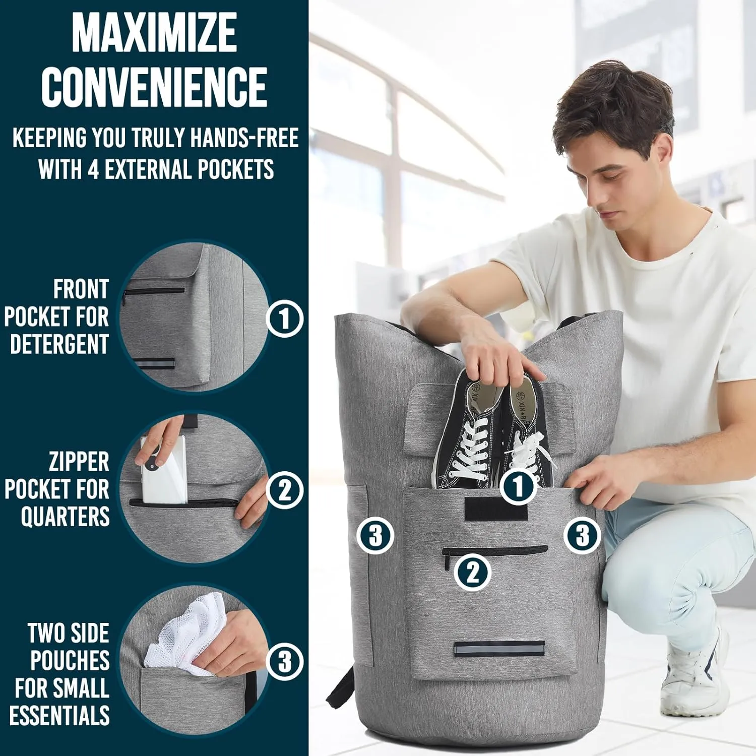 Laundry Bag With 4 Pockets，Laundry Bag With Shoulder Straps，Sturdy Laundry Backpack Heavy Duty，Large Clothes Hamper Bags 115L，College Laundry Backpack For Dorm Room，Travel Laundry Bags XXL