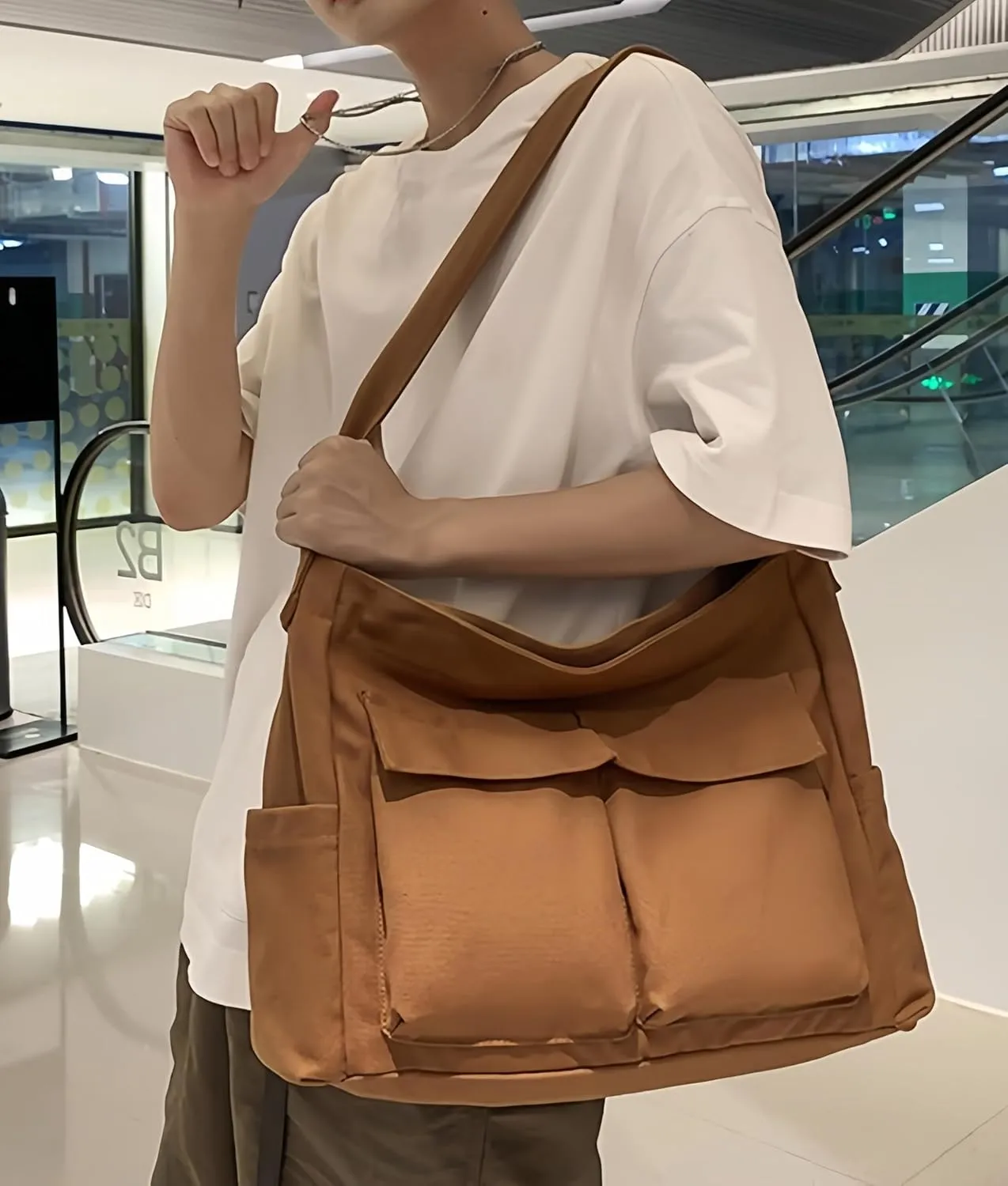 Lauthen.S Grunge Bag Canvas Hobo Crossbody Shoulder Tote Bag for Women and Men Large Messenger Bag with Multiple Pockets
