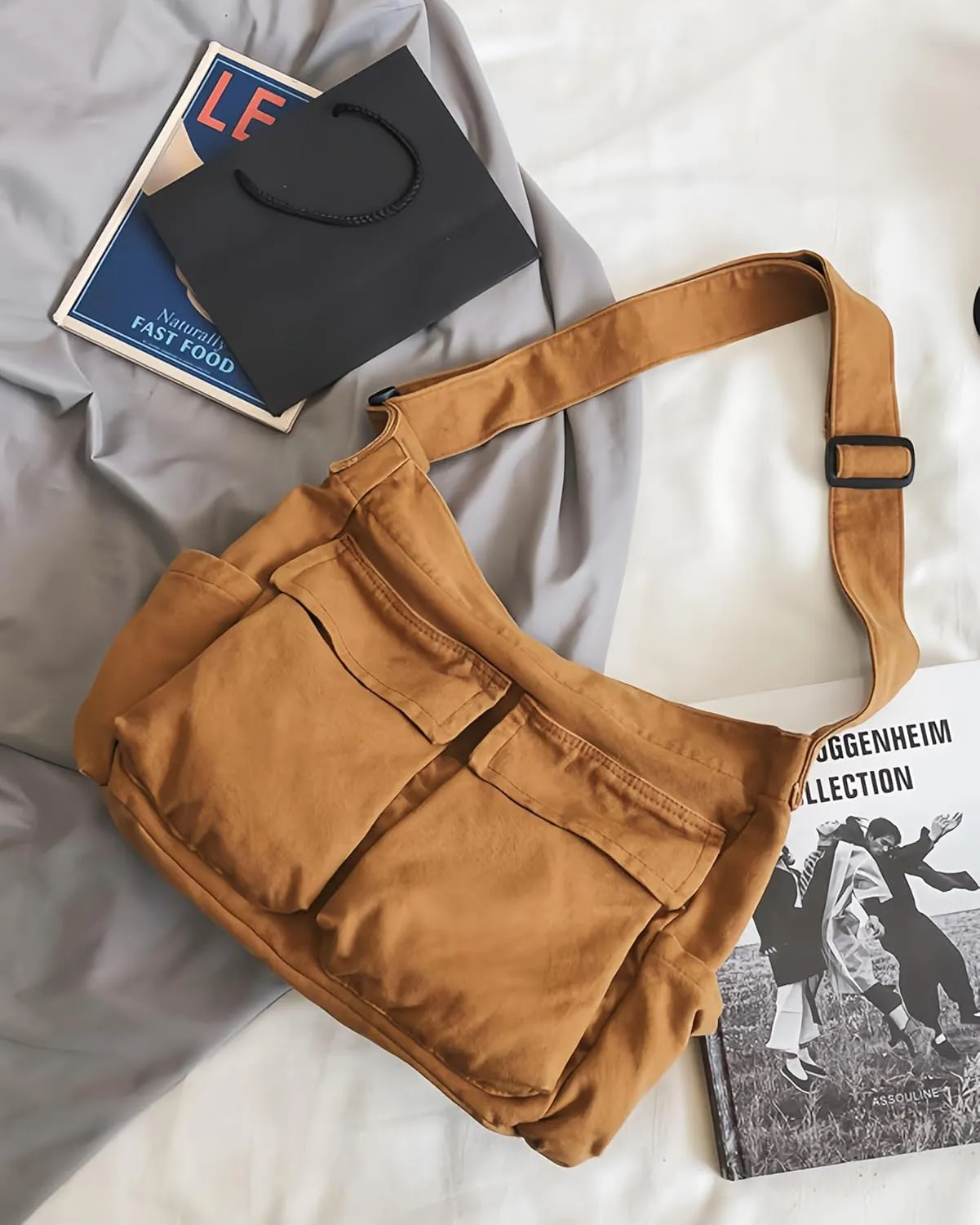 Lauthen.S Grunge Bag Canvas Hobo Crossbody Shoulder Tote Bag for Women and Men Large Messenger Bag with Multiple Pockets
