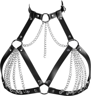 Leather Bra CageStyle Shoulder Strap,Punk Layered Chest Chain,Punk Black Leather Chest Harness Body Waist Chain Belt Rave Nightclub Belly Bra Jewelry Accessor for Halloween Carnival