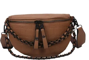Leather Fanny Pack Bag for Women, Chain Belt Bag Chest Purse Fashionable Crossbody Waist Bags Handbag for Everyday Use Trip Walking Hiking