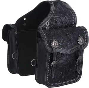 Leather Floral and Oak Leaf Tooled Saddle Bag - Black