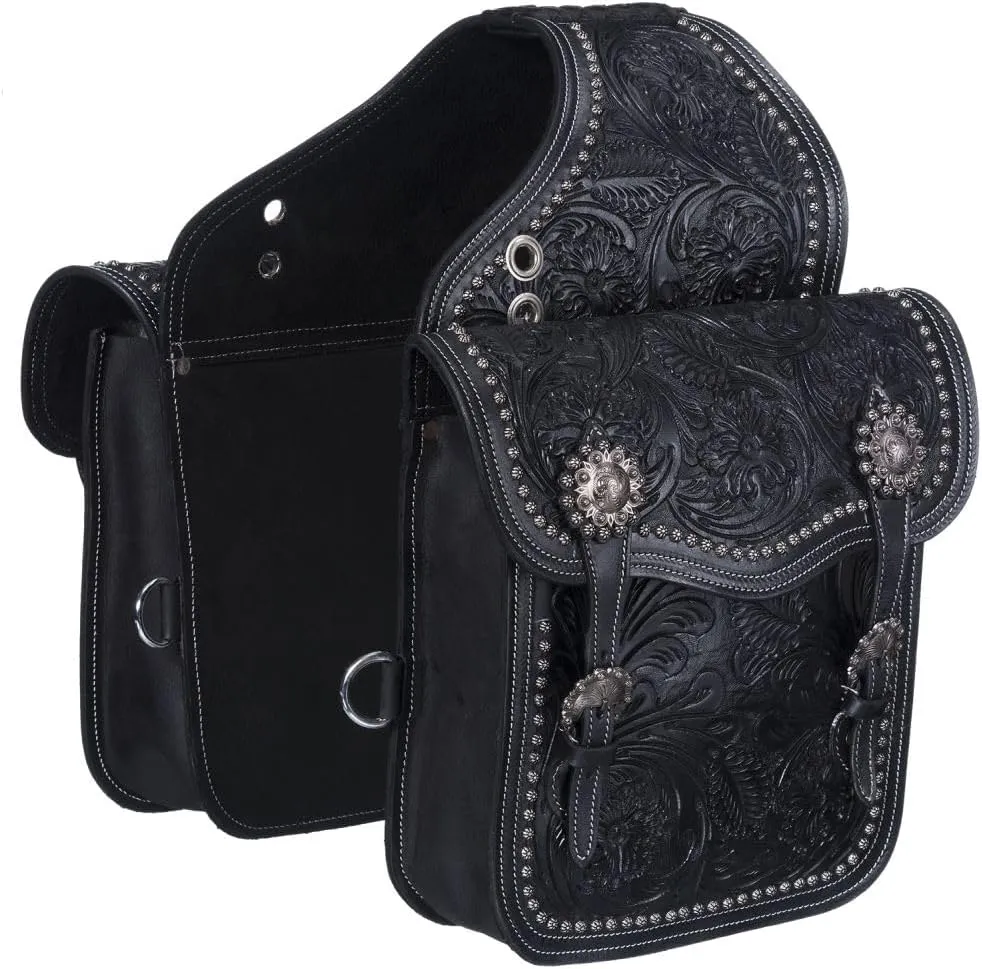 Leather Floral and Oak Leaf Tooled Saddle Bag - Black