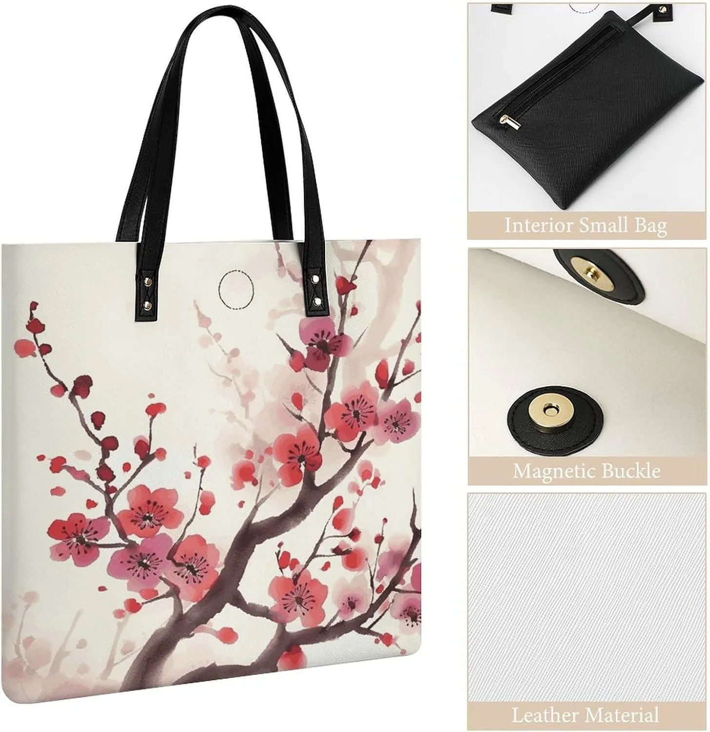 Leather Handbag for Women Tote Bag with Magnetic Buckle Japanese Spring Plum Floral Crossbody Bag Shoulder Bags
