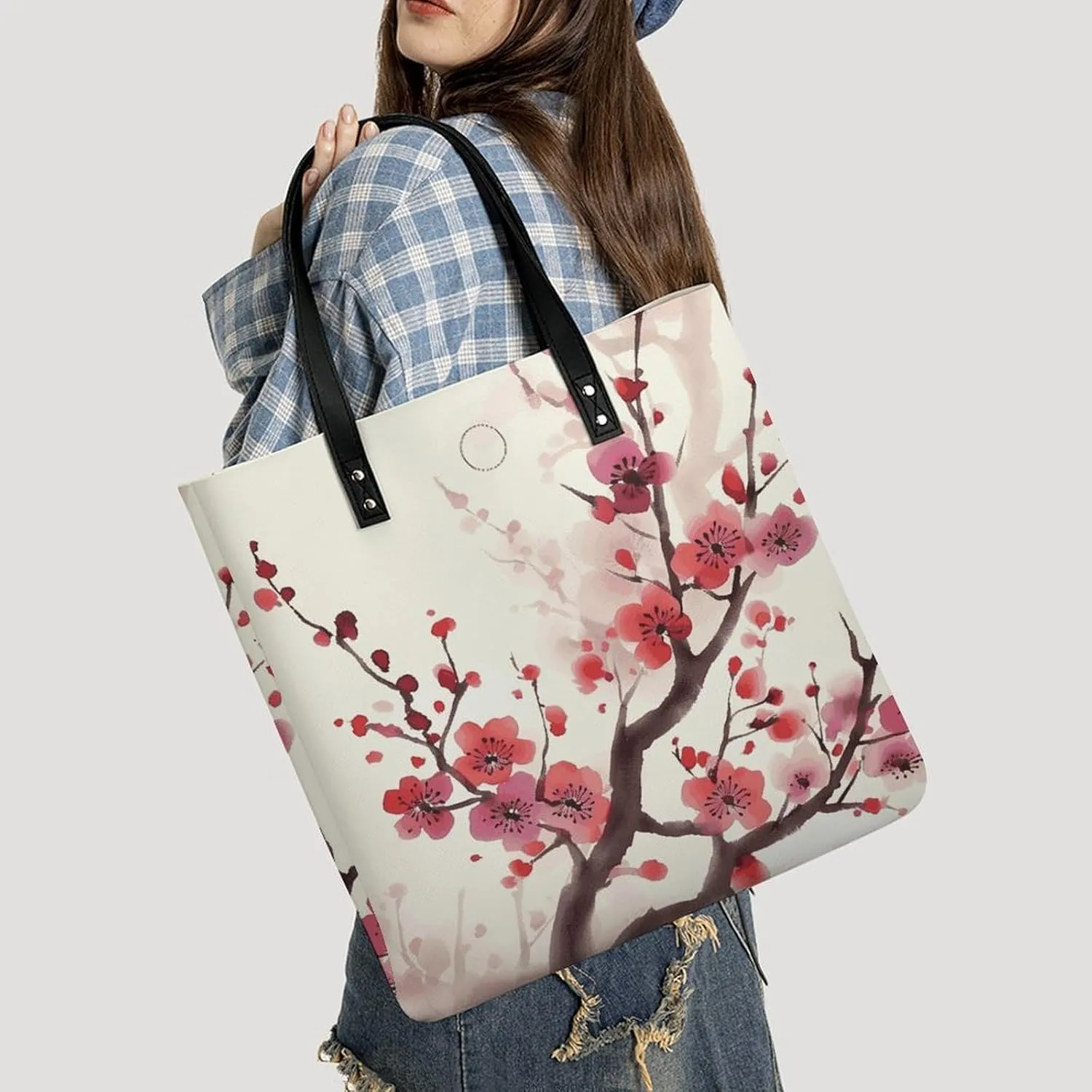 Leather Handbag for Women Tote Bag with Magnetic Buckle Japanese Spring Plum Floral Crossbody Bag Shoulder Bags