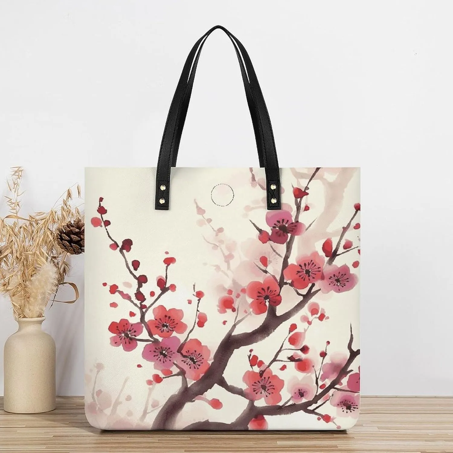 Leather Handbag for Women Tote Bag with Magnetic Buckle Japanese Spring Plum Floral Crossbody Bag Shoulder Bags