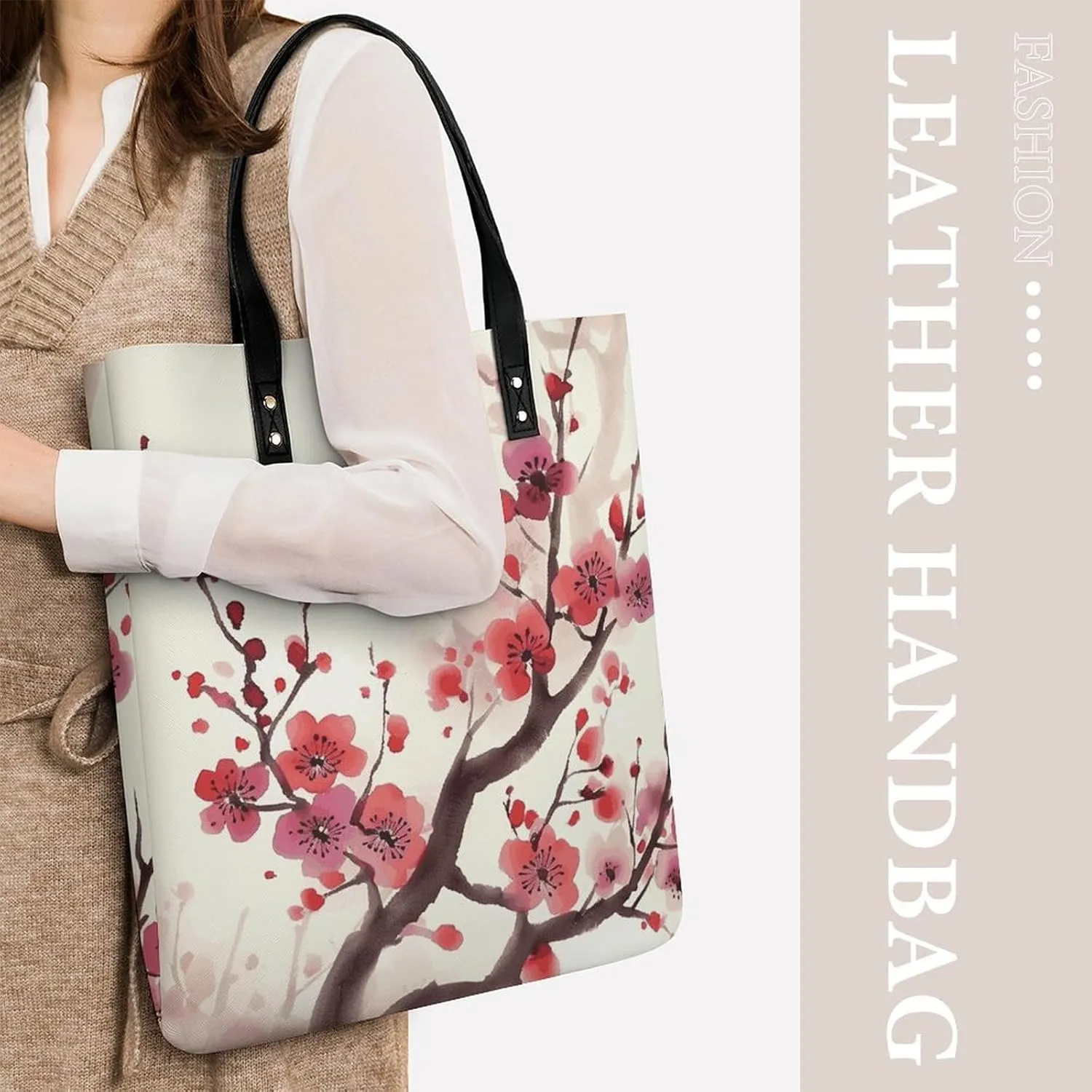 Leather Handbag for Women Tote Bag with Magnetic Buckle Japanese Spring Plum Floral Crossbody Bag Shoulder Bags