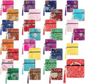 LEIFIDE 30 Pcs Jewelry Silk Purse Pouch Chinese Silk Brocade Coin Purse Zipper Jewelry Bag Gift Pouch with Tassel Small Chinese Embroidered Organizers Pocket for Women Girls Necklace Earring Bracelet