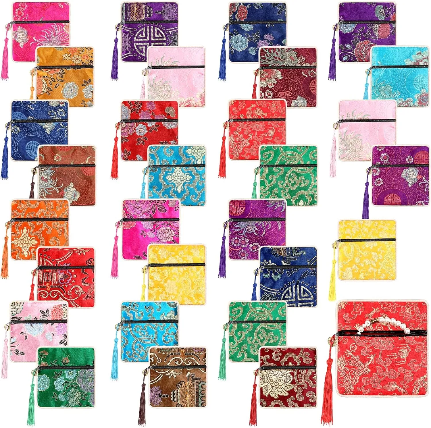 LEIFIDE 30 Pcs Jewelry Silk Purse Pouch Chinese Silk Brocade Coin Purse Zipper Jewelry Bag Gift Pouch with Tassel Small Chinese Embroidered Organizers Pocket for Women Girls Necklace Earring Bracelet