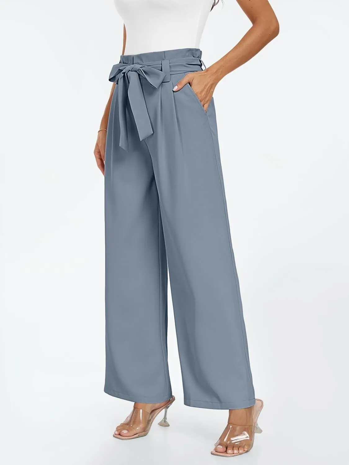 LILLUSORY Wide Leg Dress Pants Women's Paperbag High Waisted Business Casual Trousers with Removable Belt