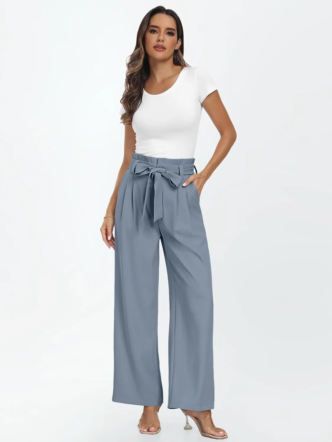 LILLUSORY Wide Leg Dress Pants Women's Paperbag High Waisted Business Casual Trousers with Removable Belt