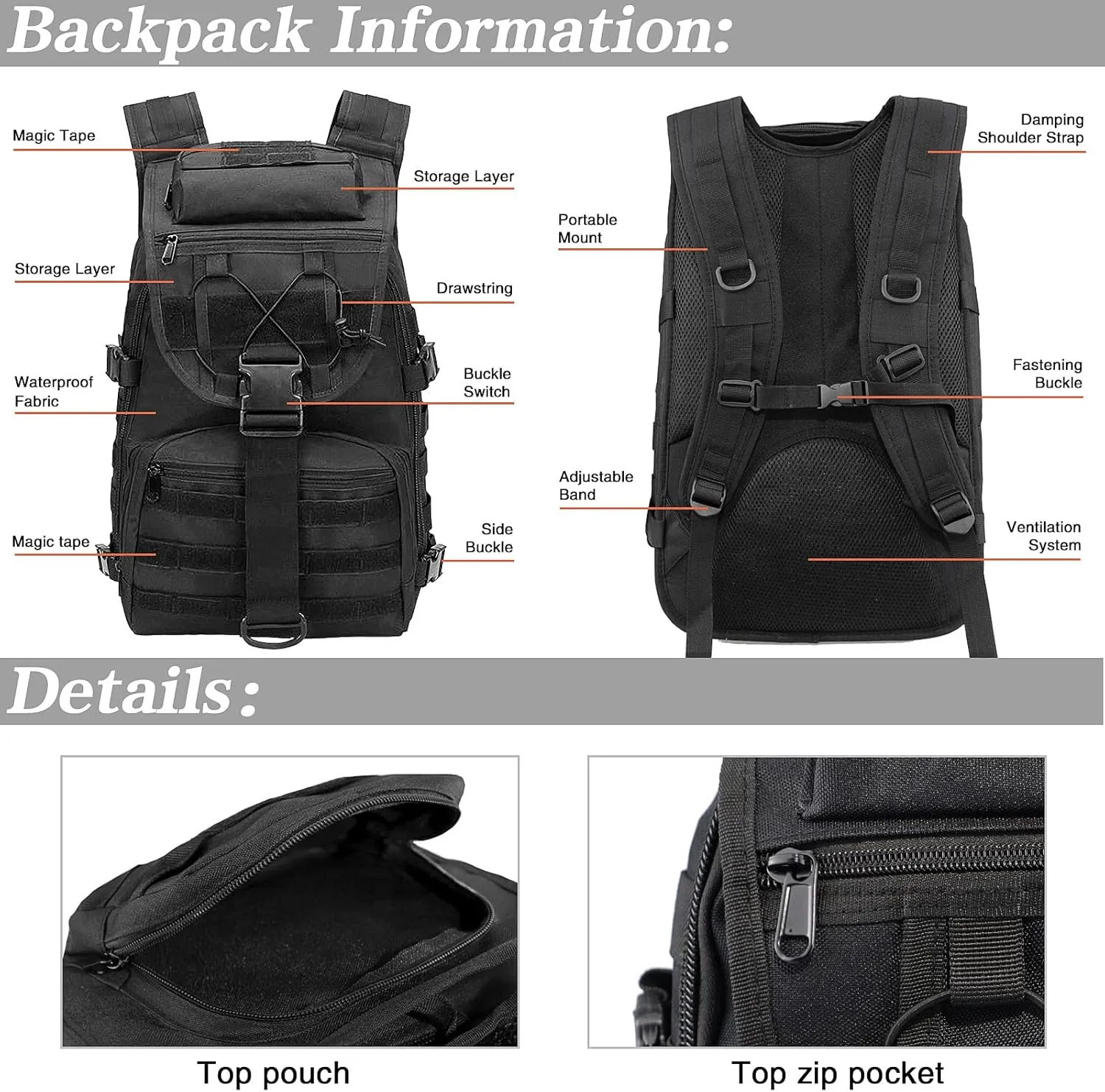 LIMHOO Military Tactical Backpack for Men Women 35L Hiking Trekking Rucksack 3 Day Molle Assault Pack (Black)